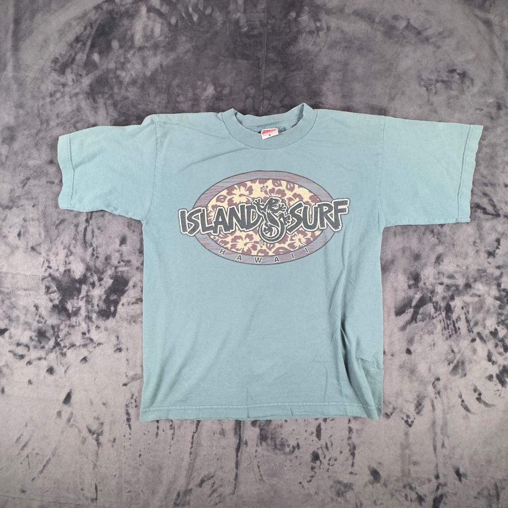 Island Surf Hawaii T-Shirt Youth XL Blue Short Sleeve Gecko Floral Graphic Tee